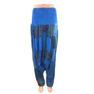 Advance Women's Blue Patchwork Floral Smocked Boho Hippie Harem Pants Size OS